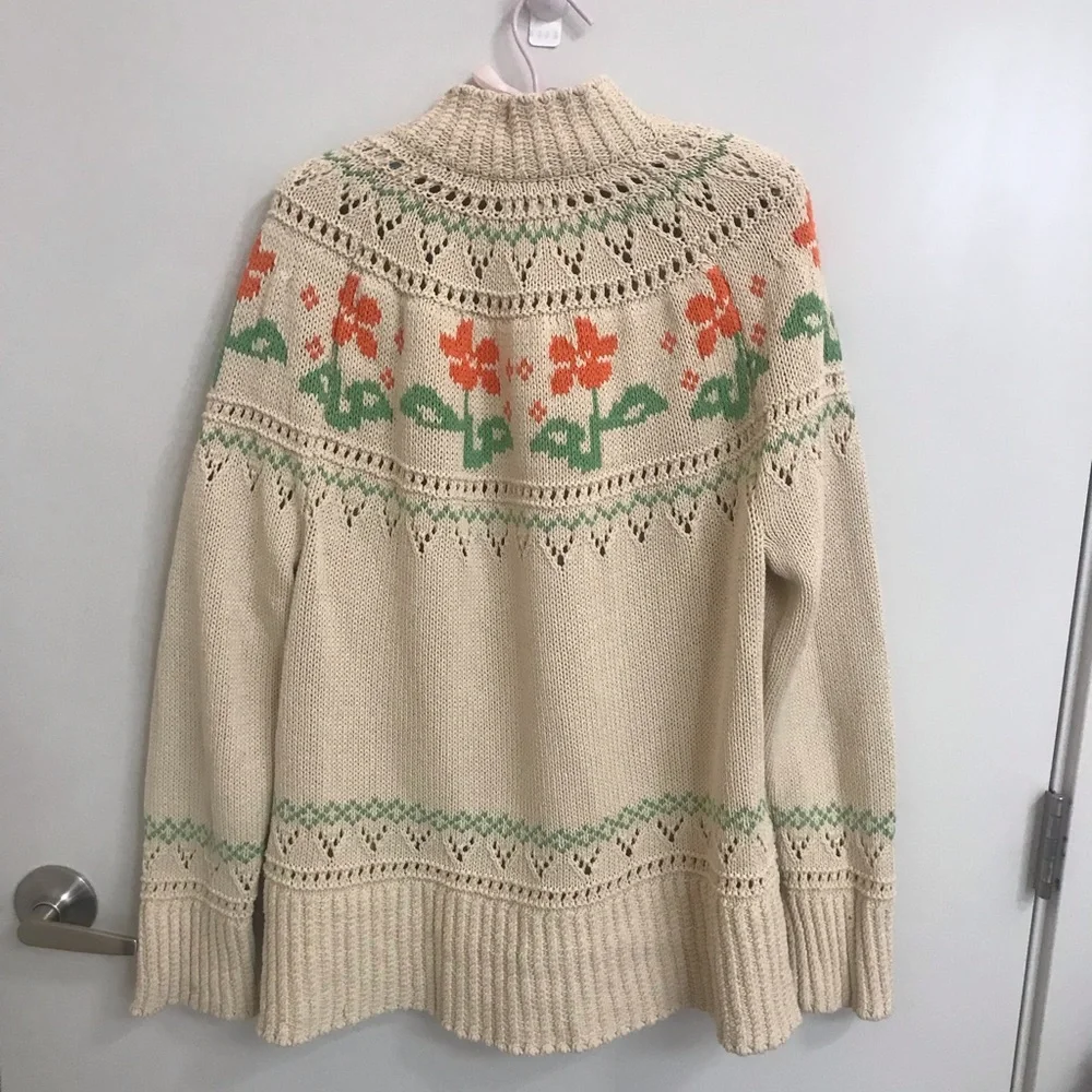 L.L. Bean Beige Cardigan with Orange and Green Floral Design - Picture 5 of 5